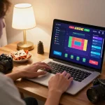 Engaging with the luckywin casino app on a laptop in a cozy home setup