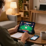 Player enjoying sv368 online casino on a tablet in a cozy home setting with stylish decor.