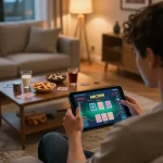 Engaged user experiencing the ABC999 plataforma for strategic online gambling in a cozy home setting.