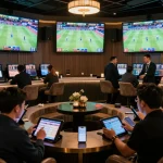 Engaging sports bettors analyzing odds at keonhacaii88 sports betting lounge with large screens.