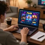 Engaging in exciting gameplay at fly88 casino from a cozy home environment with laptop and notes.