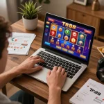 Engaging in thrilling TR88 online casino gaming from a cozy home setup, showcasing vibrant gameplay.