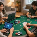 Engaging online poker game session featuring players competing on various devices, showcasing lc88 strategy in a cozy environment.