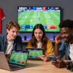 Exciting scene of sports enthusiasts engaging with thể thao Goal123 on various devices, illustrating energetic online betting.