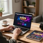 Person engaging with the KUWIN online casino interface on a laptop, focused on strategic gameplay.