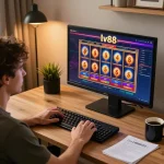 Engaging online gambling moment with a player enjoying lv88's exciting slot games from home.