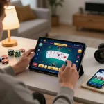 Engaged player using 888b online casino app on tablet for poker gameplay at home