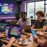 Excited players enjoying the QE8 INK online betting platform in a lively gaming room.