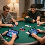 Engaged players enjoying online poker with go8, showcasing strategic gameplay in a cozy home