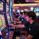 Player engaged with the Lucky88 slot machine in a vibrant casino environment, showcasing excitement and colorful game elements.