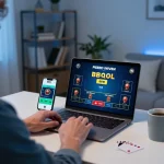 Player enjoying live dealer blackjack on F8bet with modern tech in a cozy home environment.