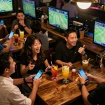 Exciting sports betting at a vibrant bar with LUCK8 app in action, showing patrons engaged in live betting.