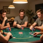 Friends strategizing during intense poker game night, showcasing the excitement of okking.