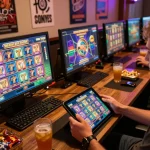 Engaging with a slot 777 game on a tablet in a cozy home gaming setup, showcasing an inviting atmosphere.