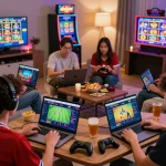 Dynamic online gaming scene with players using okwin.com in a modern living room.