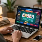 Engaged player enjoying a baccarat game on F168, showcasing strategic gameplay in a cozy home office.