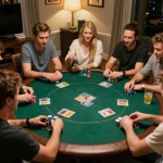 Friends enjoying a lively poker game at home, focused on game bài đổi thưởng uy tín with chips and cards visible.