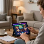 Engaging with WW88 casino app at home in a cozy living room.