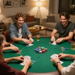 Soco live poker game night with friends showcasing excitement and strategic gameplay around a green felt table.