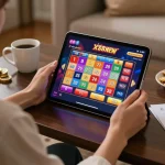 Engaging in xổ số 888new mobile gaming at home with a tablet and strategy notes.