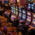 Players enjoying vibrant slot machines at MB66 casino, celebrating wins amid a lively gaming atmosphere
