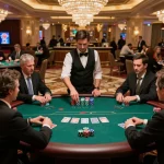 Players strategizing at a poker table in LC88 casino's luxurious setting.