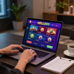 Engaged player experiencing HELLO88 online betting with vibrant game interface on laptop, capturing excitement and strategy.