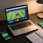 Tỷ lệ kèo nhà cái 5 illustrated with a dynamic online sports betting scene featuring odds interface and strategic notes.