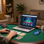 O8 SOCIAL player engaging in online gambling at home with cards and chips visible.