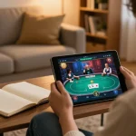 GK88 player strategizing poker tips on tablet in cozy living room.