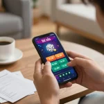 Tai xiu online uy tín gameplay on smartphone with vibrant graphics and strategic notes in cozy setting