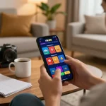 Engaging with the nk88 mobile casino app in a cozy home setting.