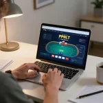 Xocdia88 online poker gameplay, emphasizing strategic betting in a cozy home office.