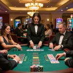 Players engaging in strategic blackjack gameplay at 88aa casino table under warm chandelier lighting.
