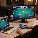 Engaging in an online blackjack game with ok 365 on a high-resolution screen at a stylish home setup.