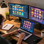 Engaging in an online nổ hũ game session from a sleek home office setup showcasing vibrant gameplay