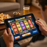Online gaming with Sunwin20 on tablet in a cozy setting, showcasing exciting slot gameplay