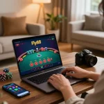 Engaged player enjoying an online gaming session at Fly88, displaying laptop with live dealer gameplay.