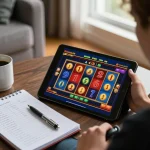 Sunwin player engaged in online slot game, showcasing vibrant interface and strategic notes.