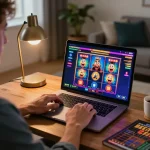 Engaging online gambling experience at kp88, showcasing vibrant slot graphics and a player's excitement.