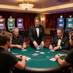 go88 players strategizing at a poker table in an upscale casino environment