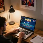 Person playing blackjack on u888 online casino platform, showcasing home gaming setup with a relaxed atmosphere.