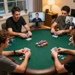 Players engaged in an online poker game at home with link onbet visible on devices, emphasizing social interaction and strategy.
