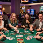 Group celebrating a win at au88 blackjack table in a vibrant casino.