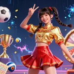 Experience the vibrant atmosphere of 33WIN with interactive lottery balls and a colorful prize wheel in a bustling casino.