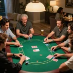 A friendly poker game night at home showcasing players engaged in Texas Hold'em, emphasizing the lively atmosphere of gambling with 28bet8io.