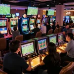 Footballl fans placing bets in a vibrant sports lounge during live games.