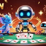 Experience thrilling gaming action with 68WIN as our cyberpunk mascot celebrates with poker chips and cards.