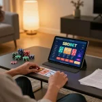 SBOBET player engaging with online casino on tablet, vibrant gaming setup in cozy home