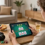 Player engaging in online blackjack on a tablet, highlighting hu-based betting strategy in a cozy living room.